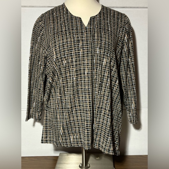 Ulla Popken sz 28/30 women’s top, tan brown & black design 3/4 length sl… - Picture 1 of 7